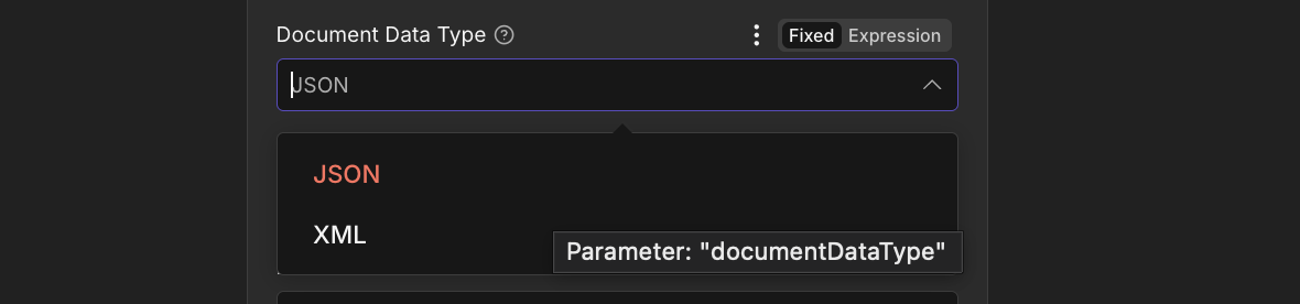 Il menu a tendina "Tipo di dati del documento" nel nodo "Genera documenti (multipli)" di n8n PDF4me mostra JSON evidenziato e XML come due opzioni. Il tooltip indica il parametro "Tipo di dati del documento".